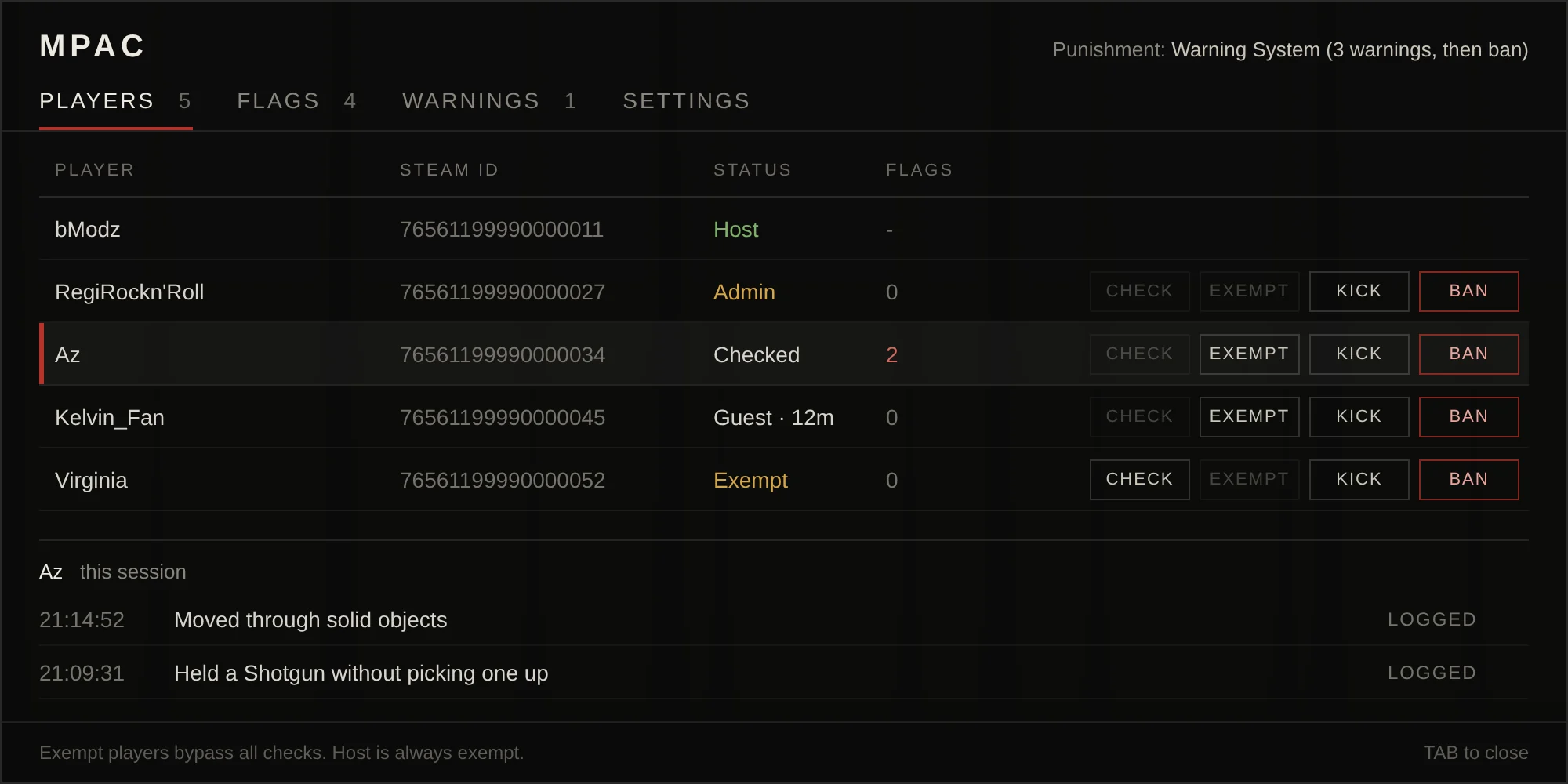 The Players tab of the MPAC menu