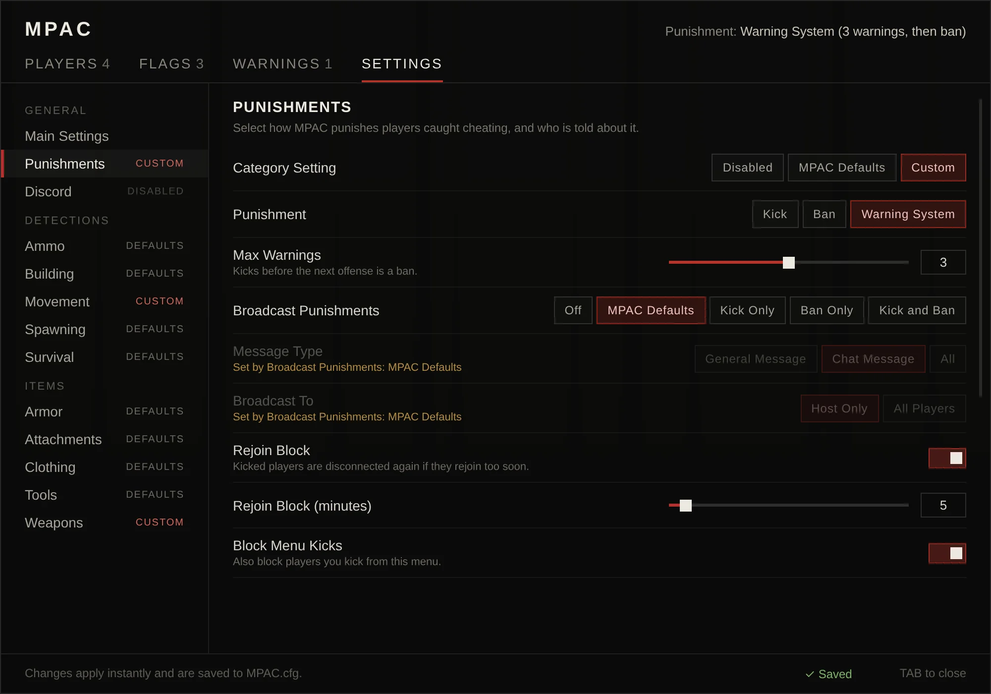 The Settings tab of the MPAC menu